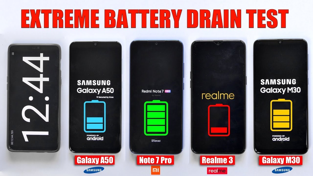 Redmi Note 7 Pro vs Galaxy A50 vs Realme 3 vs Galaxy M30 - EXTREME BATTERY DRAIN TEST 🔥🔋