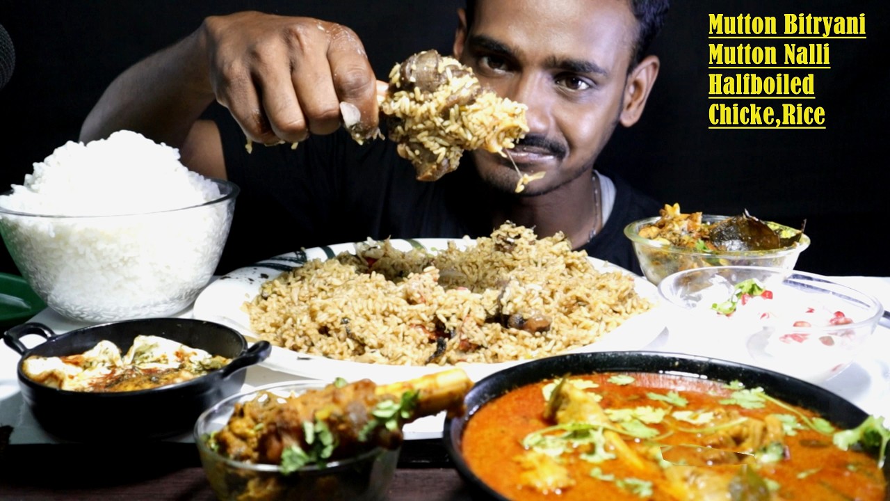 Mutton biryani,Mutton Nalli,Chicken leg,chicken masala,rice,halfboiled  eating challenge