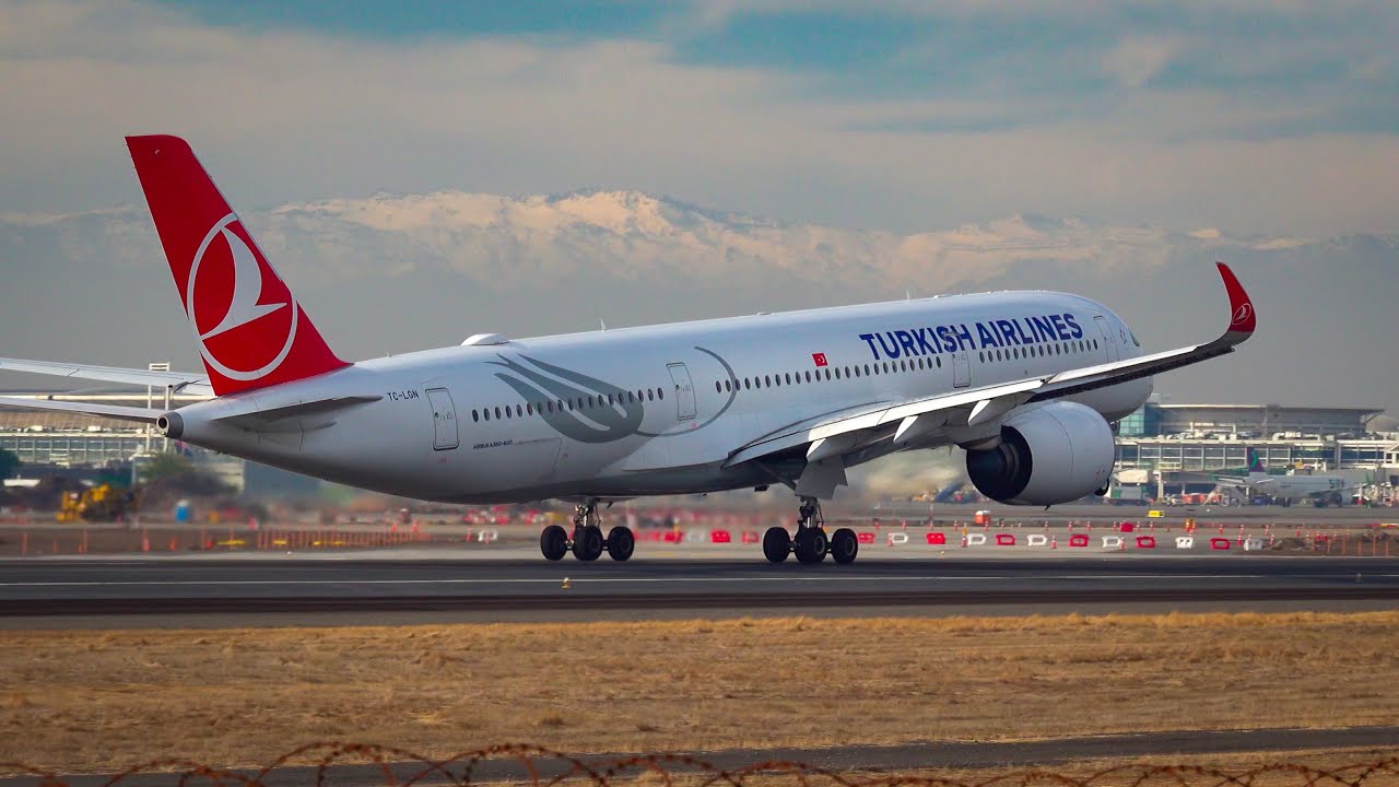 Turkish Airlines A350 lifts off from Santiago. Plane spotting at [SCL] airport.