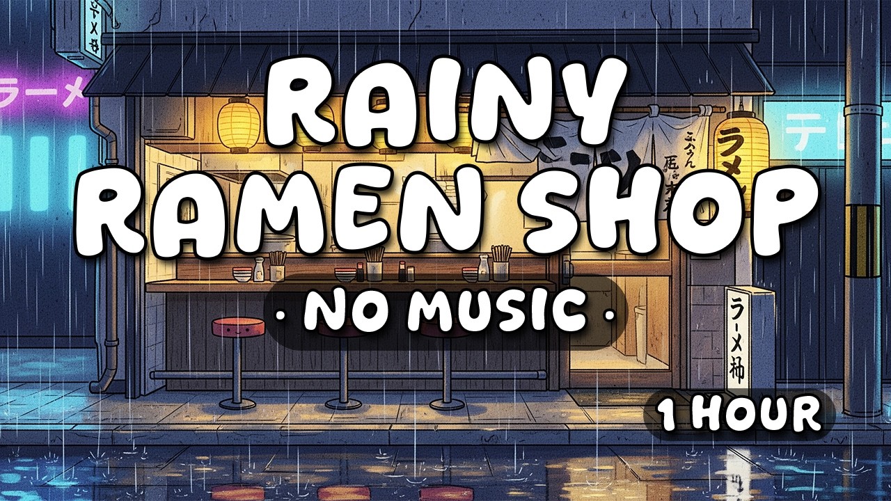 Rain on Street (No Music) | Rainy Ramen Shop Ambience | 1 Hour
