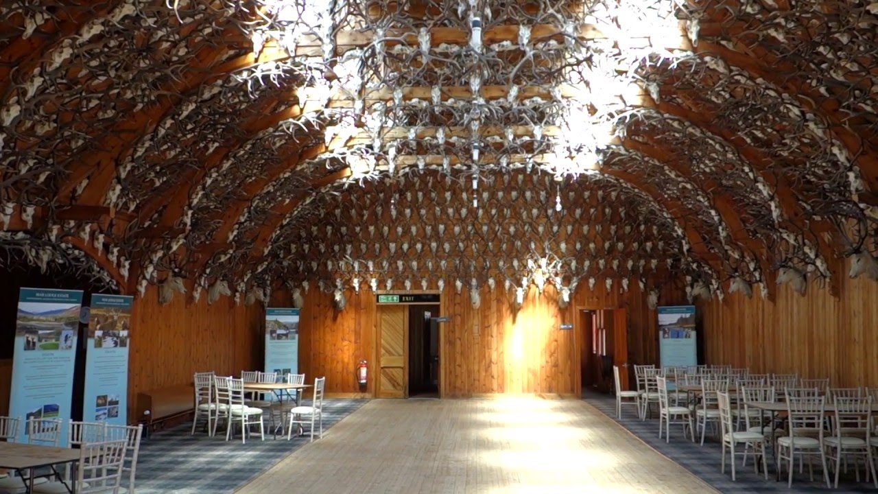 The remarkable Stag Ballroom at Mar Lodge, Scotland, decorated with 2,435 stag skulls