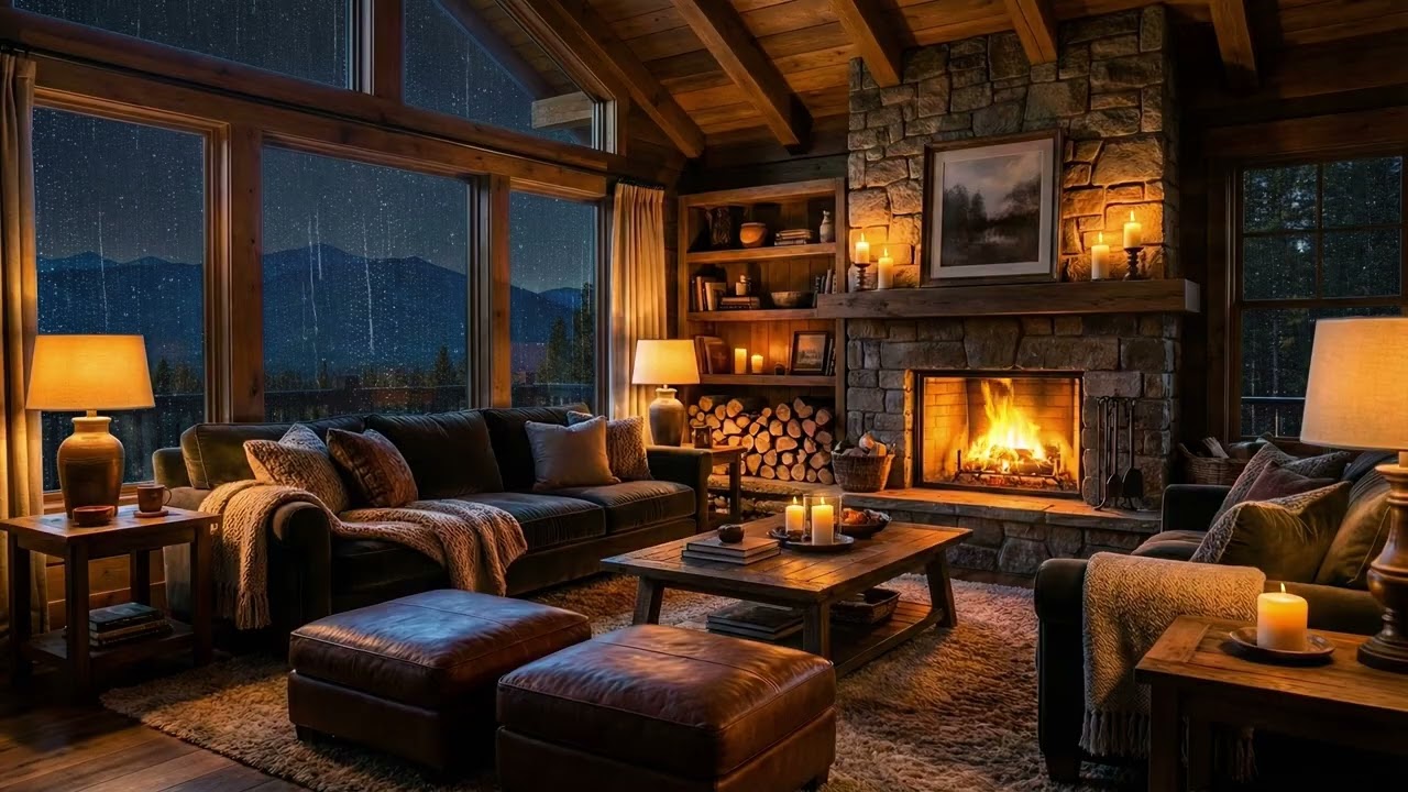 Mountain Rain at Night & Crackling Fireplace | Cozy Cabin Ambience for Deep Sleep