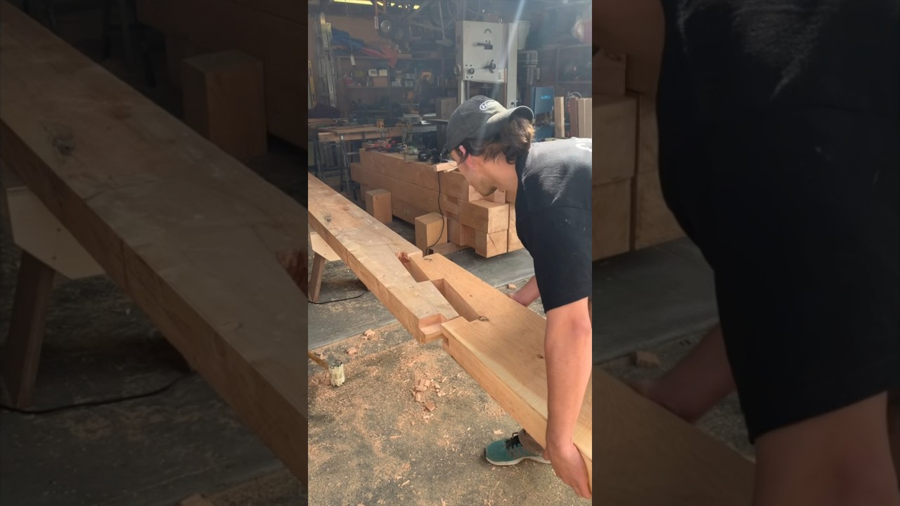 Cutting the scarf joints which extend the beams to 6.5 metres to span the whole pergola! 🔥🎥