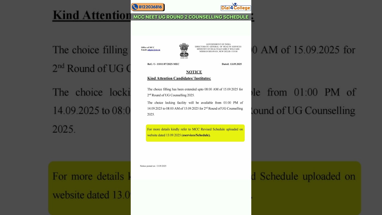 MCC NEET UG Counselling 2025 Round 2: Choice Filling Deadline Extended!Contact:📲8122036816
