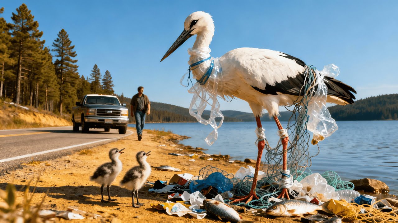 Rescuing a White Stork Trapped in Plastic Waste – A Heartfelt Story by a Mountain Lake
