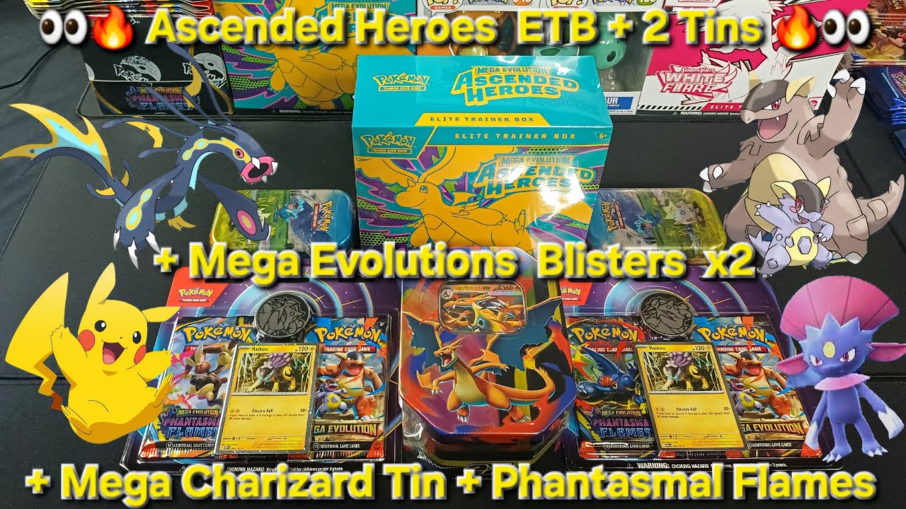 👀🔥👀 POKEMON ASCENDED HEROES ETB + TINS  / MEGA EVOLUTIONS, PHANTASMAL FLAMES MIXED OPENING 👀🔥👀