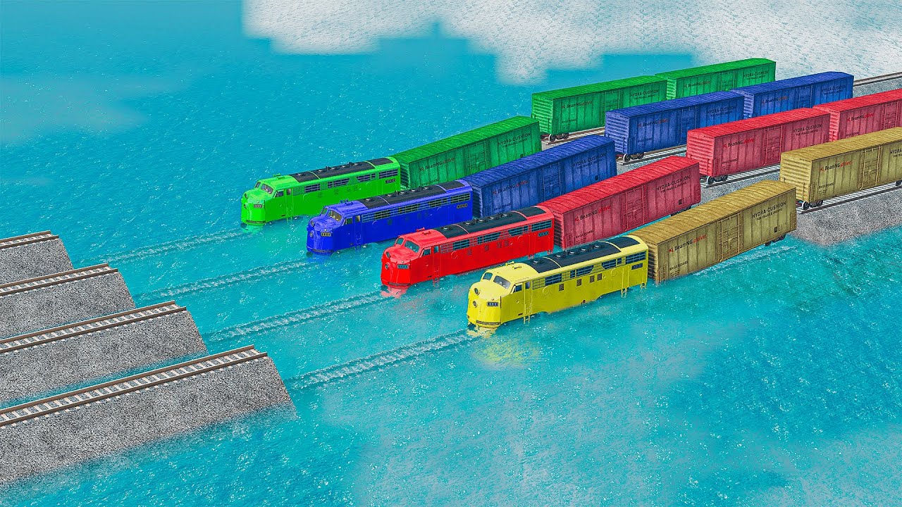 Quadruple Colorful Trains Vs Straight Impossible Weird Rail Tracks Crossing Deepwater | BeamNG.drive