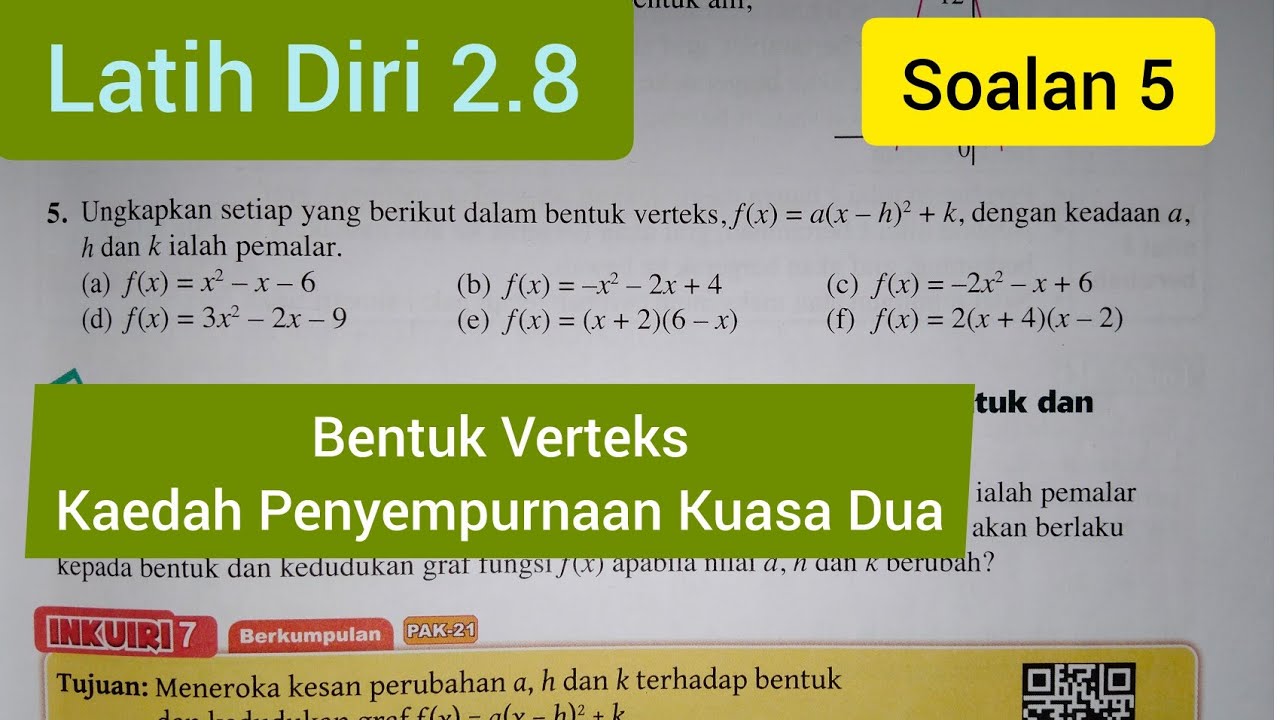F4 C2 | FUNGSI KUADRATIK LATIH DIRI 2.8 | SOALAN 5 | BUKU TEKS KSSM | ADDMATHS |