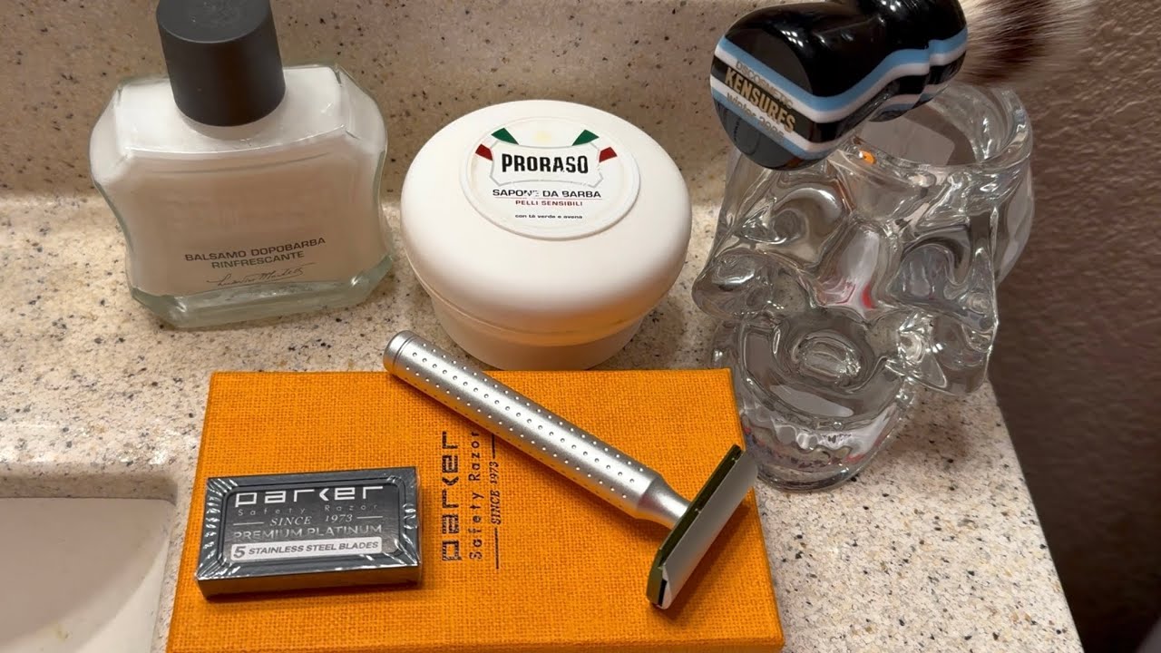 Новая алюминиевая безопасная бритва Parker Aeroshave L, мыло/лосьон после бритья Proraso и кисть ...
