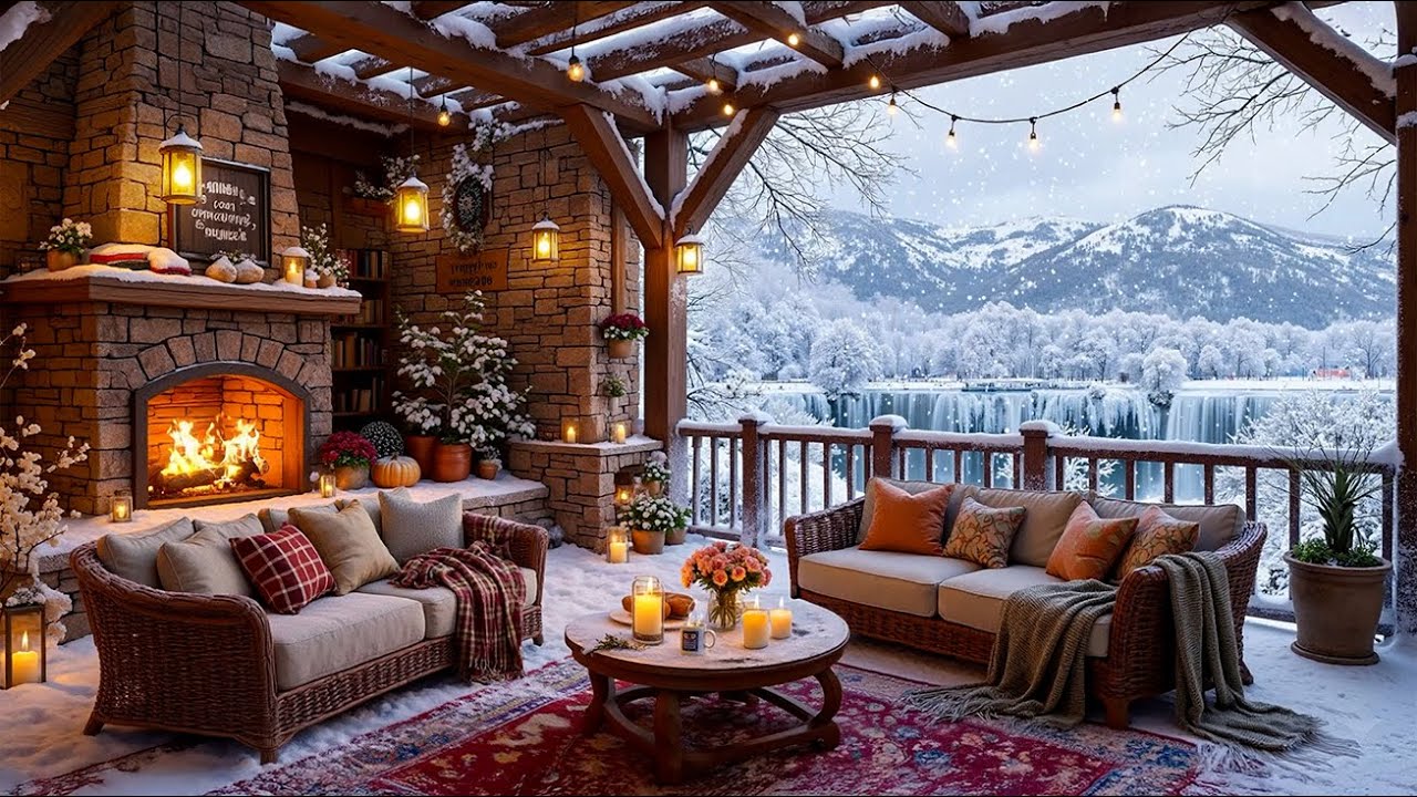 A Cozy Relaxation Corner on the Winter Porch❄️Relaxing Jazz Music by the Fireplace with Falling Snow
