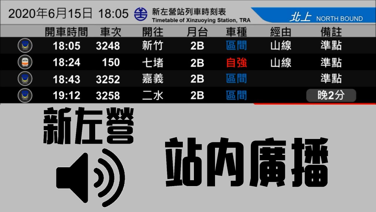 顯示器模擬-臺鐵新左營站內大廳 華電聯網系統廣播（513次莒光號）