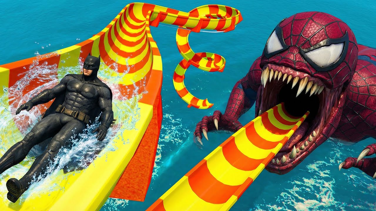 Superman VS Batman VS Wonder Woman in GTA 5 Extreme Water Slides Ragdoll - GTA 5 Superhero Challenge