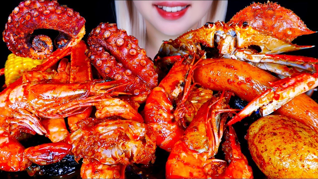 ASMR Морепродукты Boil Мукбанг (Креветки, Осьминог, Краб, Колбаса) Звуки Еды
