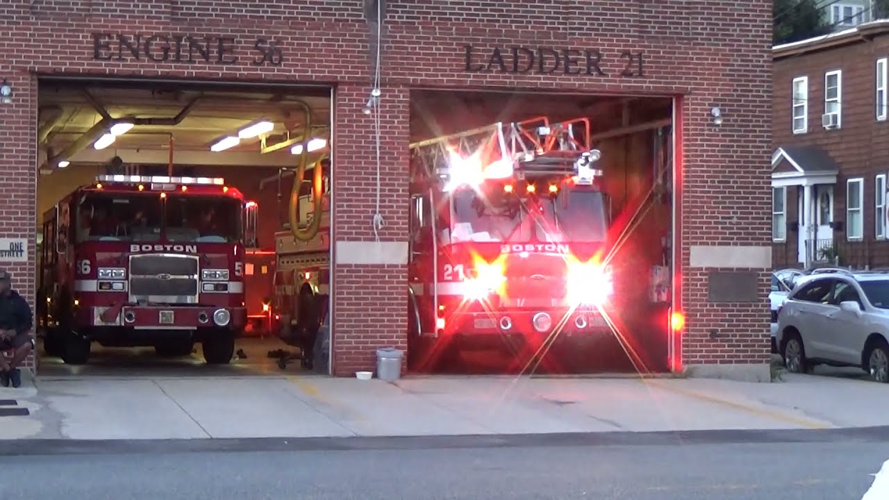 Boston Fire Ladder 21 & Engine 56 + Boston EMS Ambulance Responding with Lights & Sirens