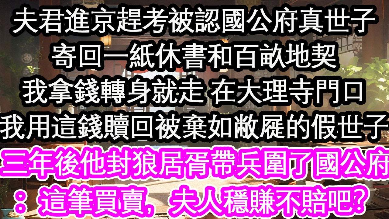 夫君進京趕考被認國公府真世子寄回一紙休書和百畝地契我拿錢轉身就走 在大理寺門口我用這錢贖回了被棄如敝屣的假世子三年後他封狼居胥帶兵圍了國公府：這筆買賣，夫人穩賺不賠吧？【花開】【愛情】【生活】