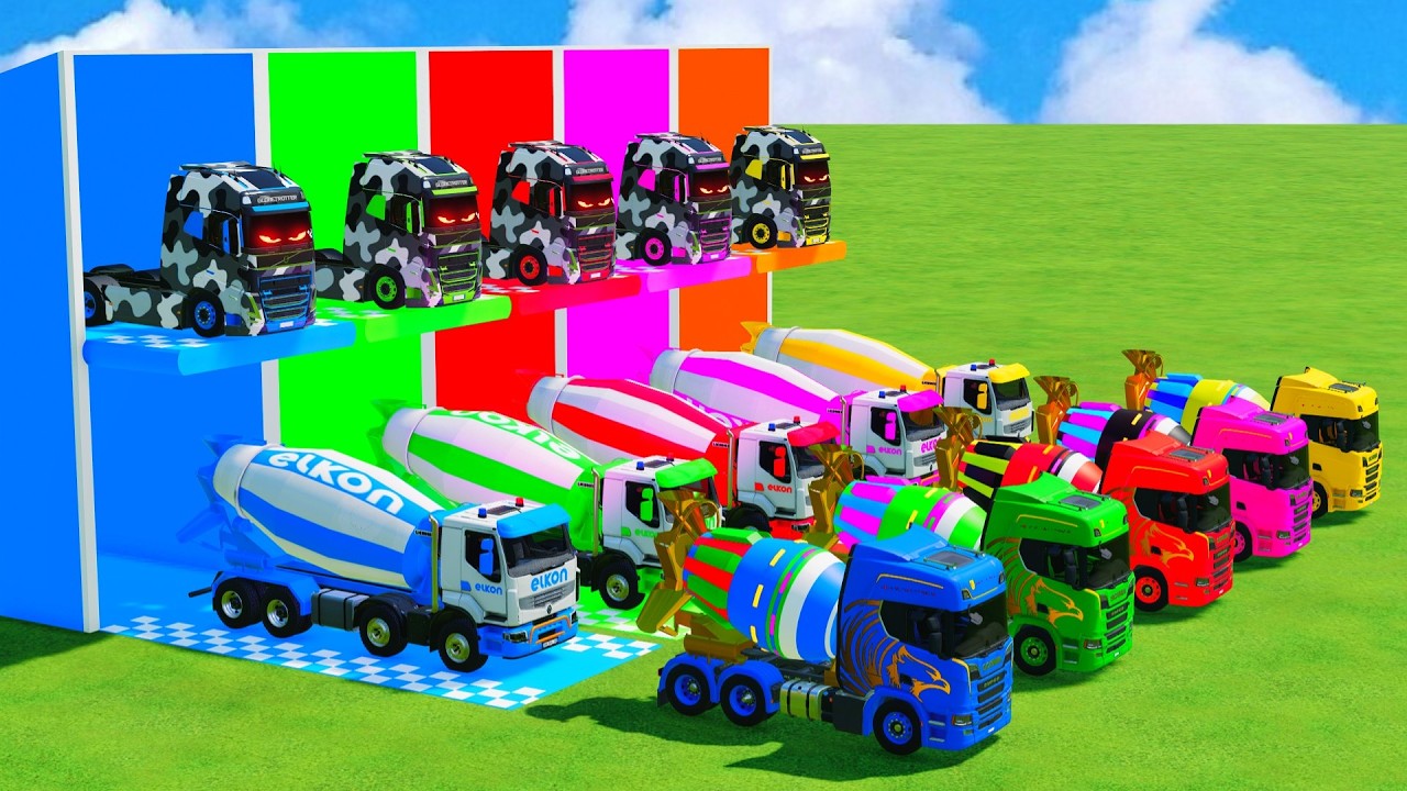 Garage with Colors - ALL MIXER TRUCK WITH DOUBLE FLATBED TRAILER TRUCK, RENAULT, MERCEDES, IVECO
