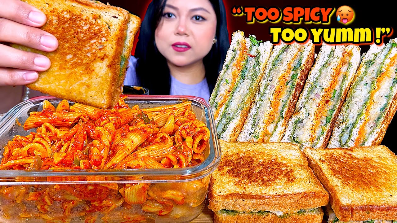 EATING STREET STYLE 🥵 EXTREMELY SPICY PASTA & ALOO SANDWICHES | 🔥SPICY FOOD CHALLENGE | MUKBANG ASMR