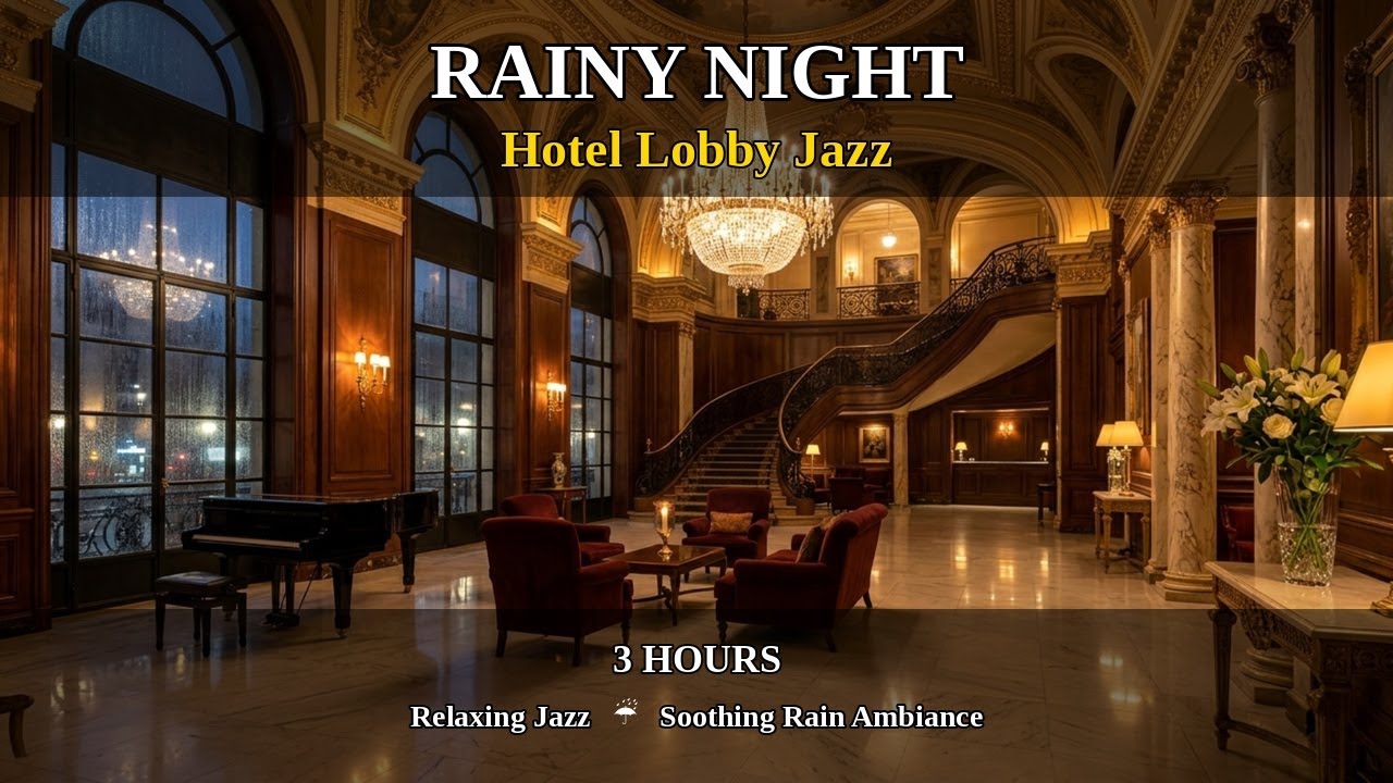 Grand Hotel Lobby Jazz 🏨 3 Hours of Relaxing Late Night Music with Rain