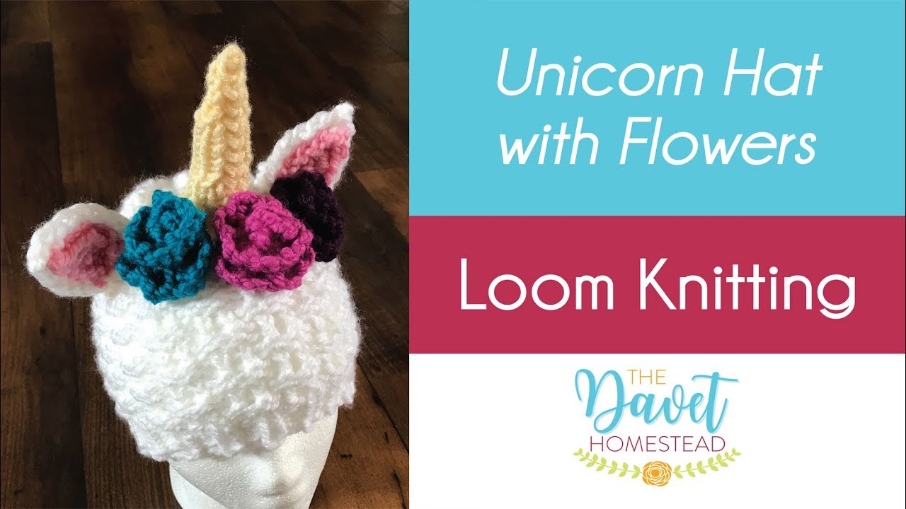 Unicorn Hat with Flowers - Loom Knitted