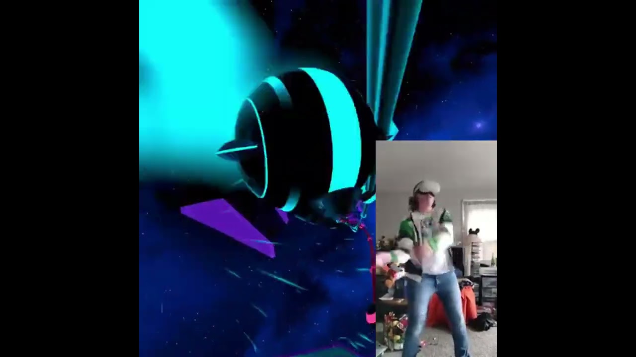 Playing Synth Riders in casual Pidge cosplay