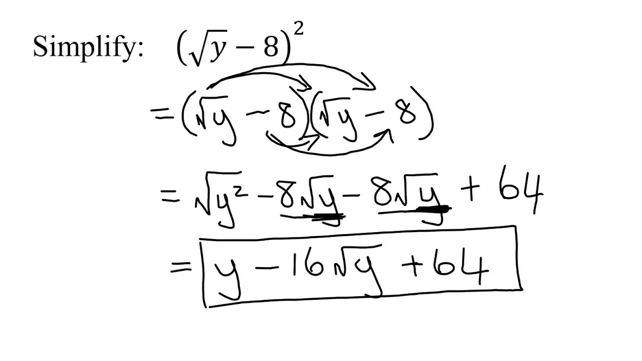 Square the Binomial ((Square Root of y)-8) Containing One Radical (Sqrt(y)-8)^2