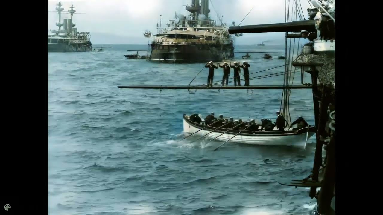 [4k, 60 fps, colorized] (1899-1900). Man overboard!. Royal Navy and German Navy naval exercises.