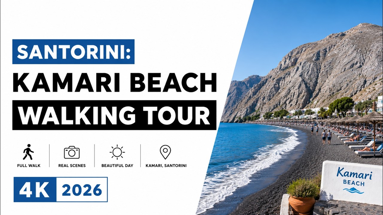 Kamari Beach WALKING TOUR 4K July 2024. Santorini