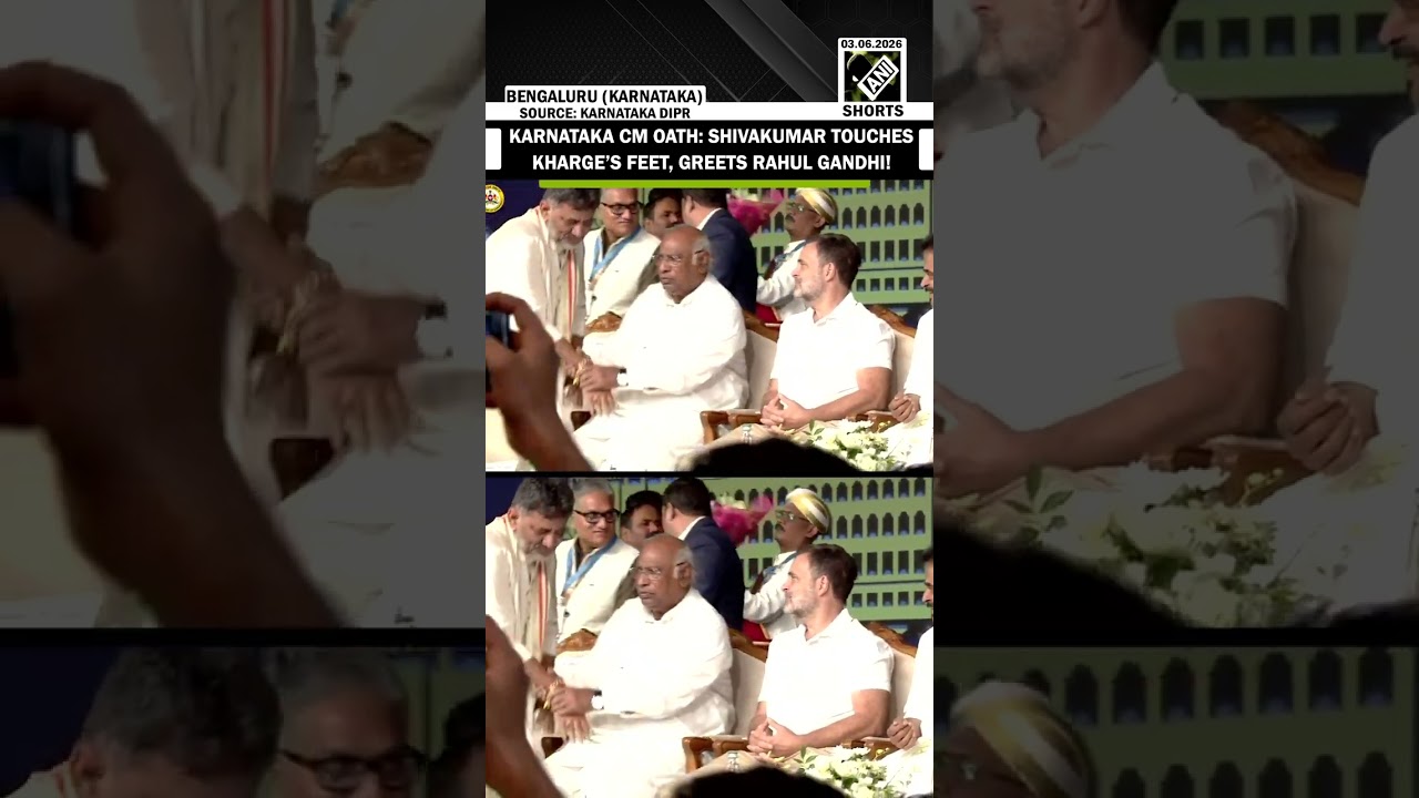 DK Shivakumar Sworn in as CM in Bengaluru, Touches Kharge&rsquo;s Feet, Greets Rahul Gandhi & Leaders