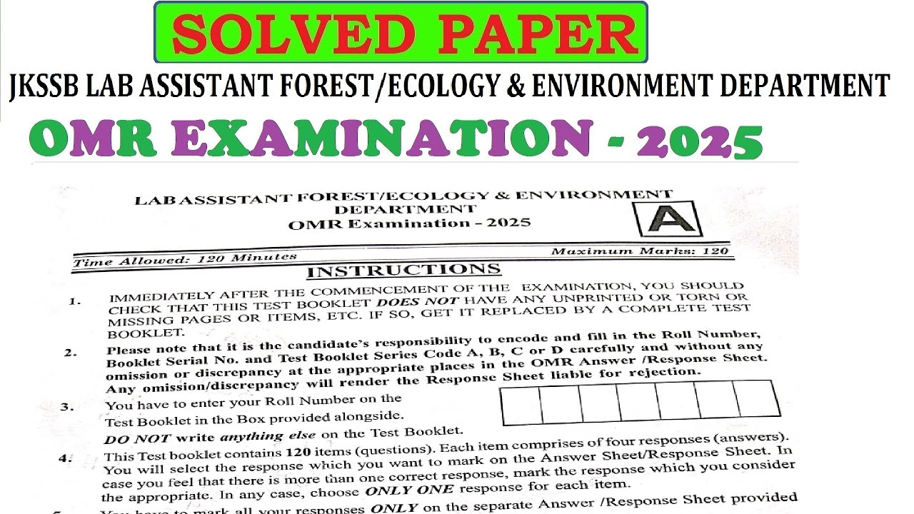 TODAY'S FULLY SOLVED JKSSB LAB ASSISTANT FOREST/ECOLOGY & ENVIRONMEN 2025 OMR PAPER WITH ANSWER KEY