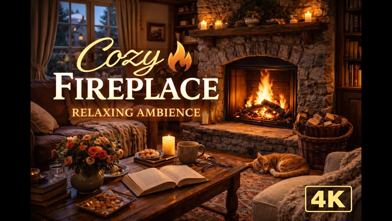 Cozy European Fireplace Ambience 🐈🔥 Warm Evening with Cat | Relaxing Reading & Sleep (4K)