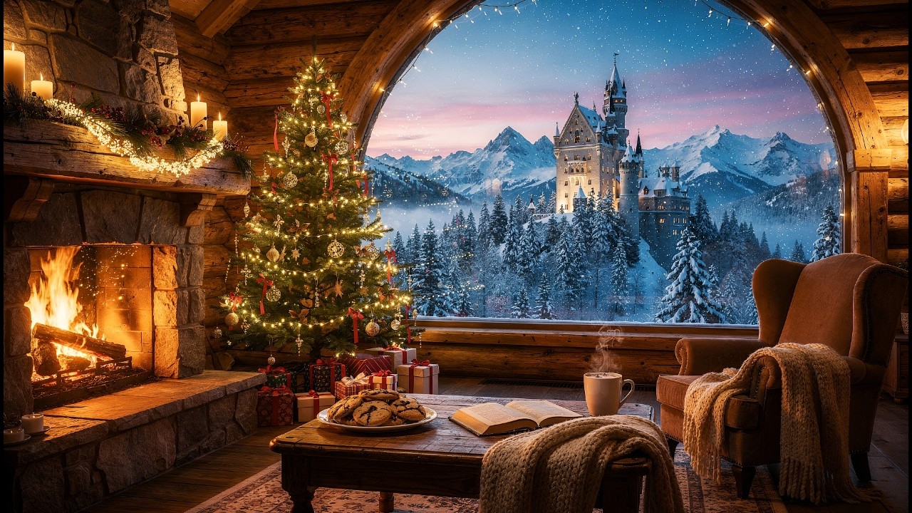 Cozy Cabin Overlooking Snowy Peaks | Crackling Fire & Gentle Snow for Sleep & Study | 3 Hours
