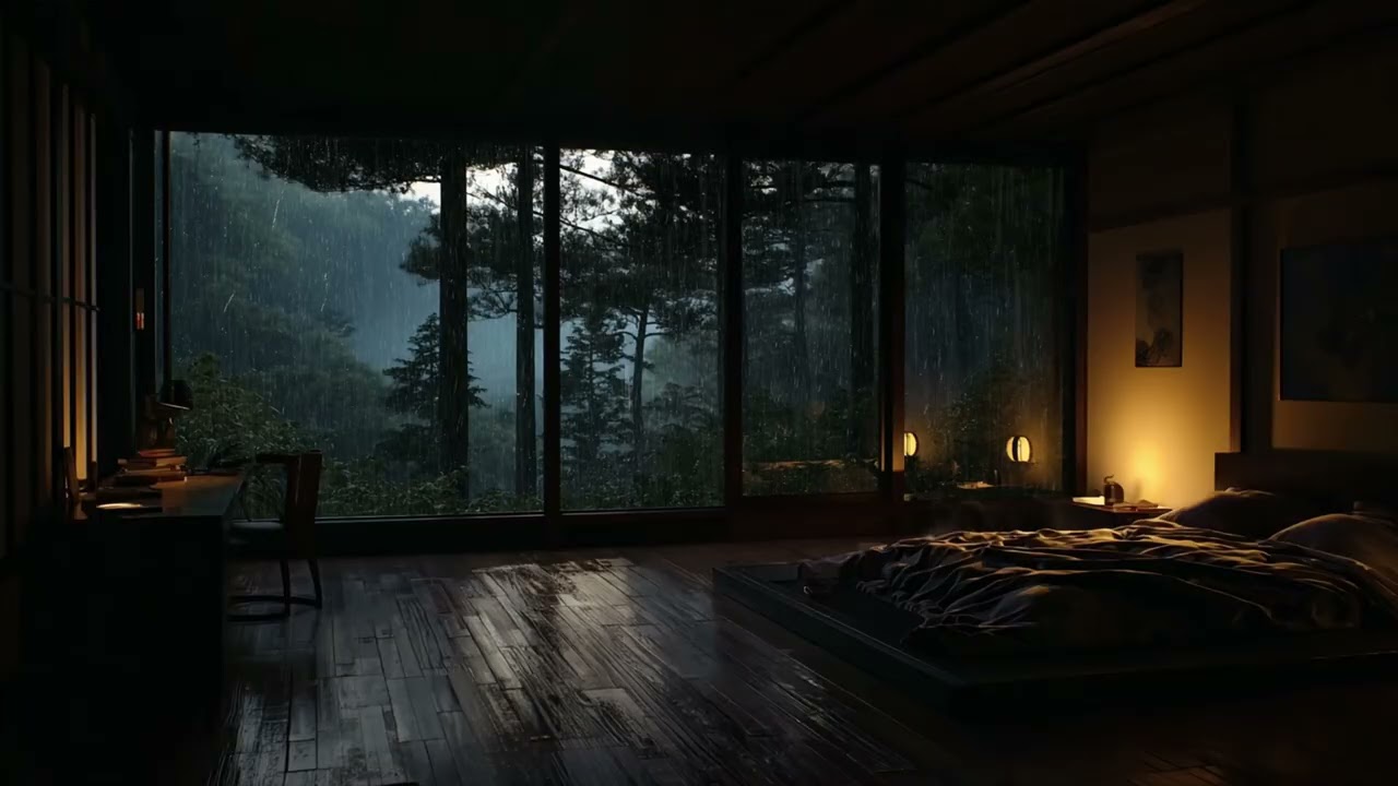 Peaceful Rain Sounds in Cozy Pine Forest Cabin 🌧️ Warm Lamp & Books for Deep Sleep Nights