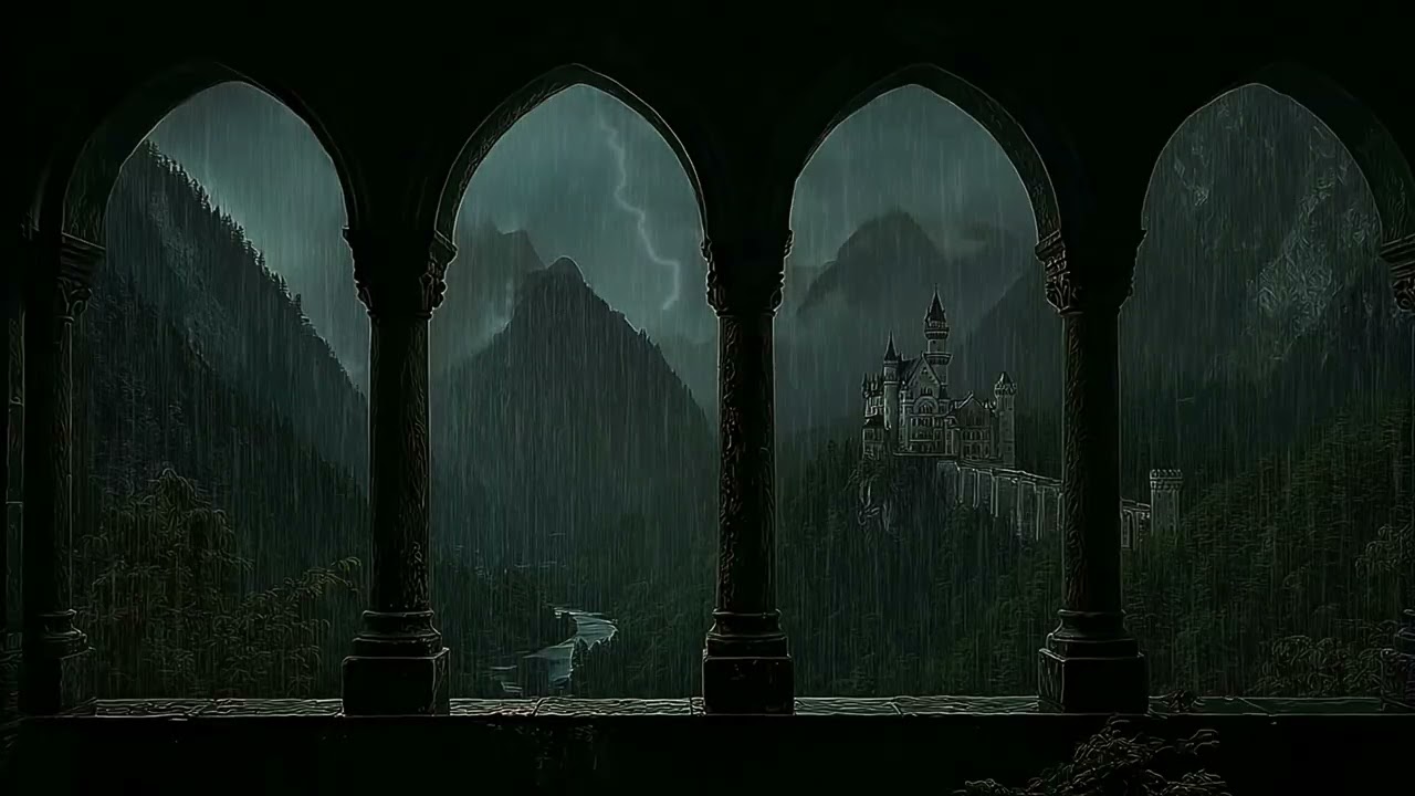 Clam Before the Summer Rain 4K | Mountain Thunder in Distance from Old Castle Window | Sleep & Relax