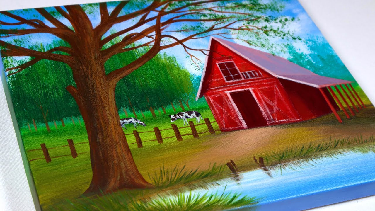 Countryside Landscape Painting | Acrylic Painting | Red Barn | Painting
