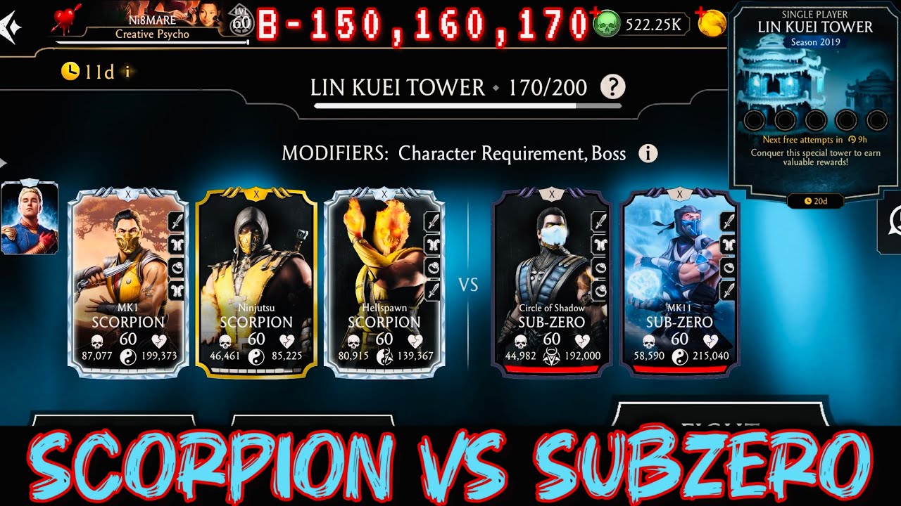 Scorpion Vs Subzero No Tower Equipment Gameplay | Lin Kuei Tower Boss Battle 150, 160 & 170