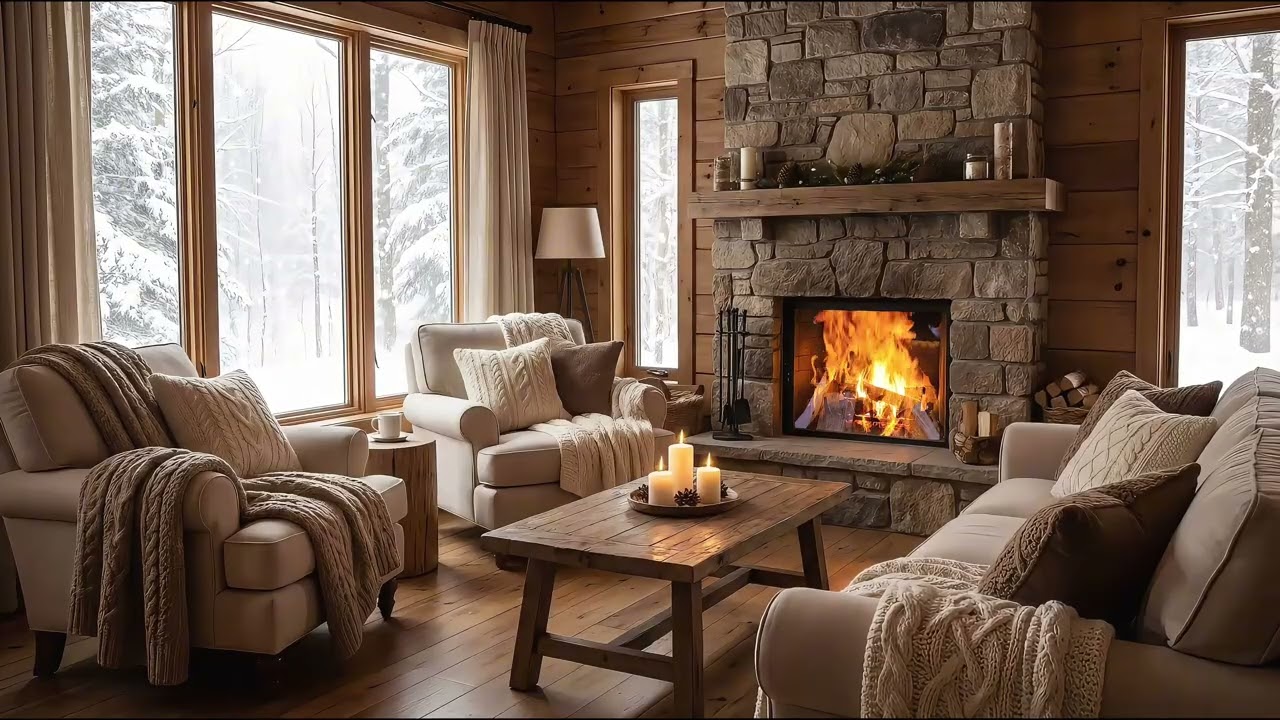 Cozy Winter Cabin Fireplace Ambience 🔥❄️ | Snowfall Outside, Warm & Relaxing Escape | 4K