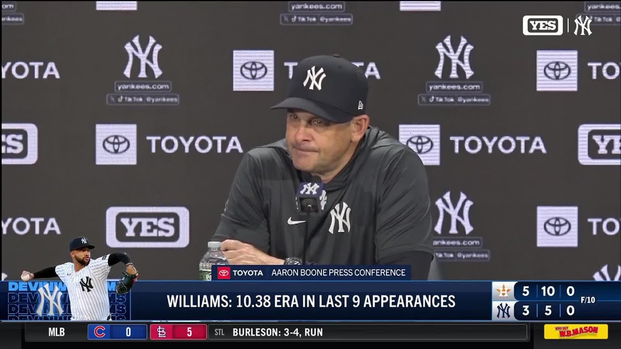 Aaron Boone discusses Devin Williams' continued struggles in loss to Astros in extras