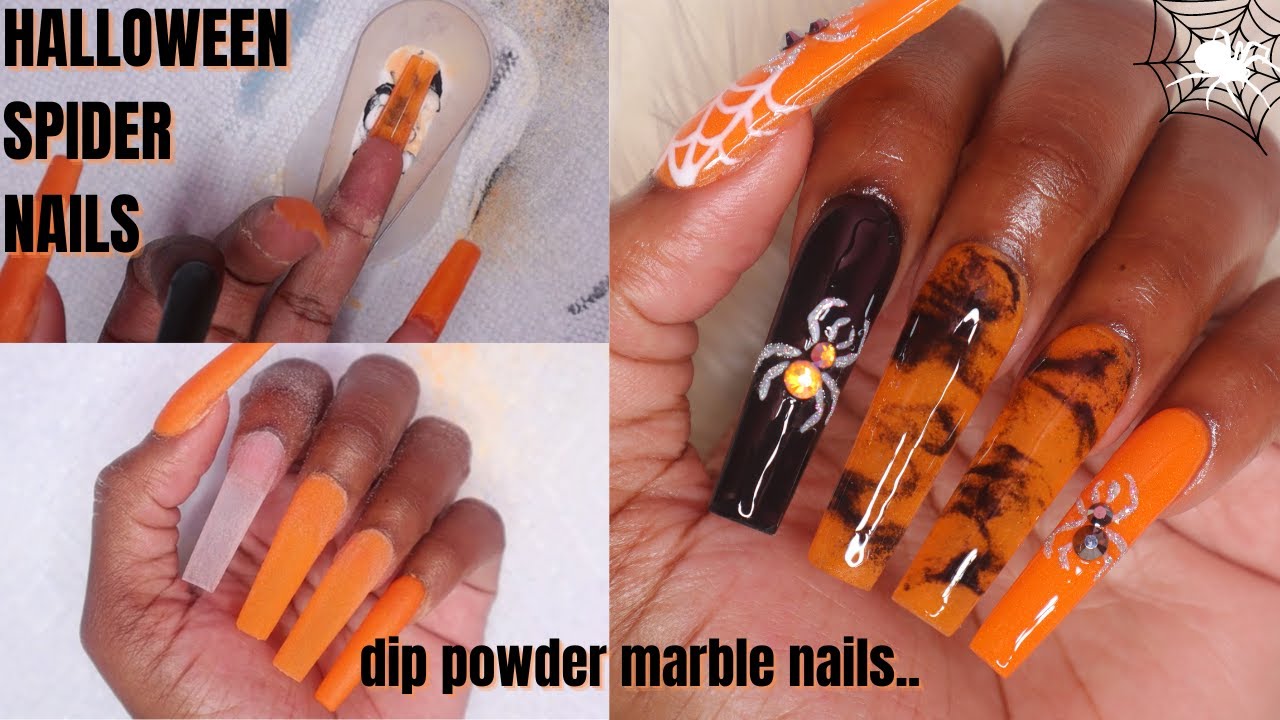 EASY DIP POWDER MARBLE NAILS | HALLOWEEN NAIL DESIGN | SPIDER NAIL ART TUTORIAL
