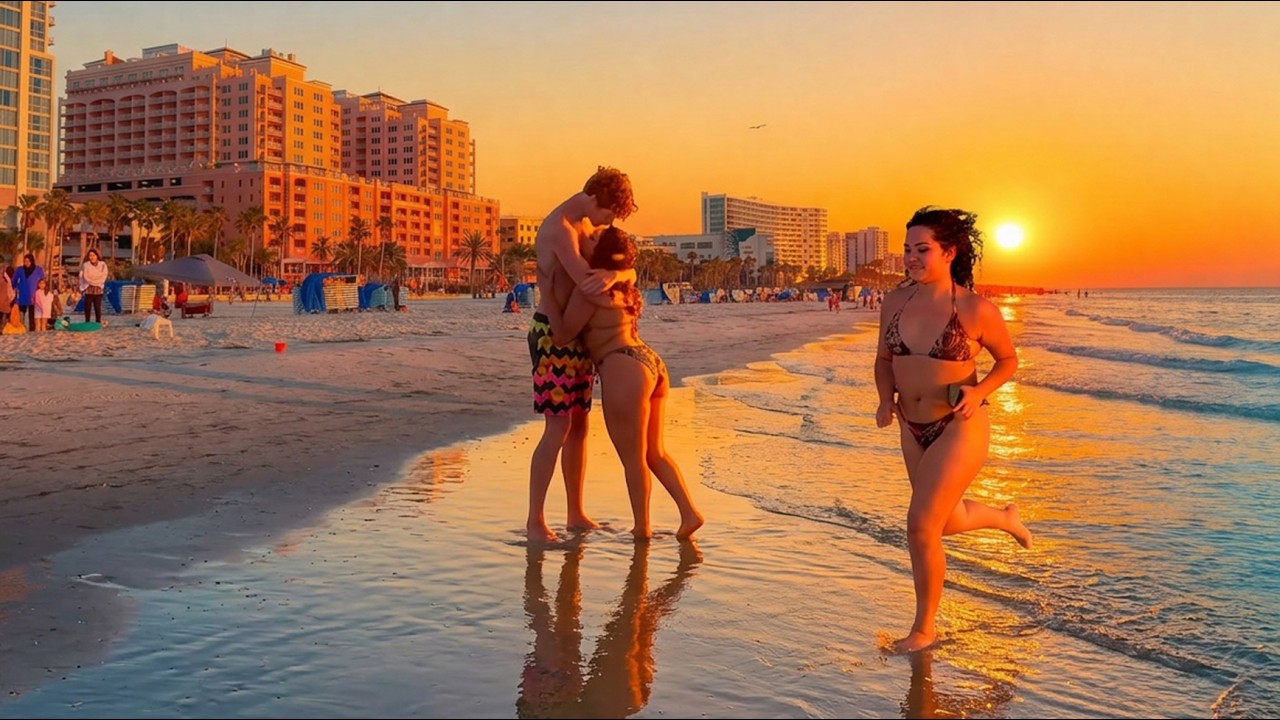 Clearwater Beach Florida at Sunset 4K Beach, Pier 60 and City Walking Tour