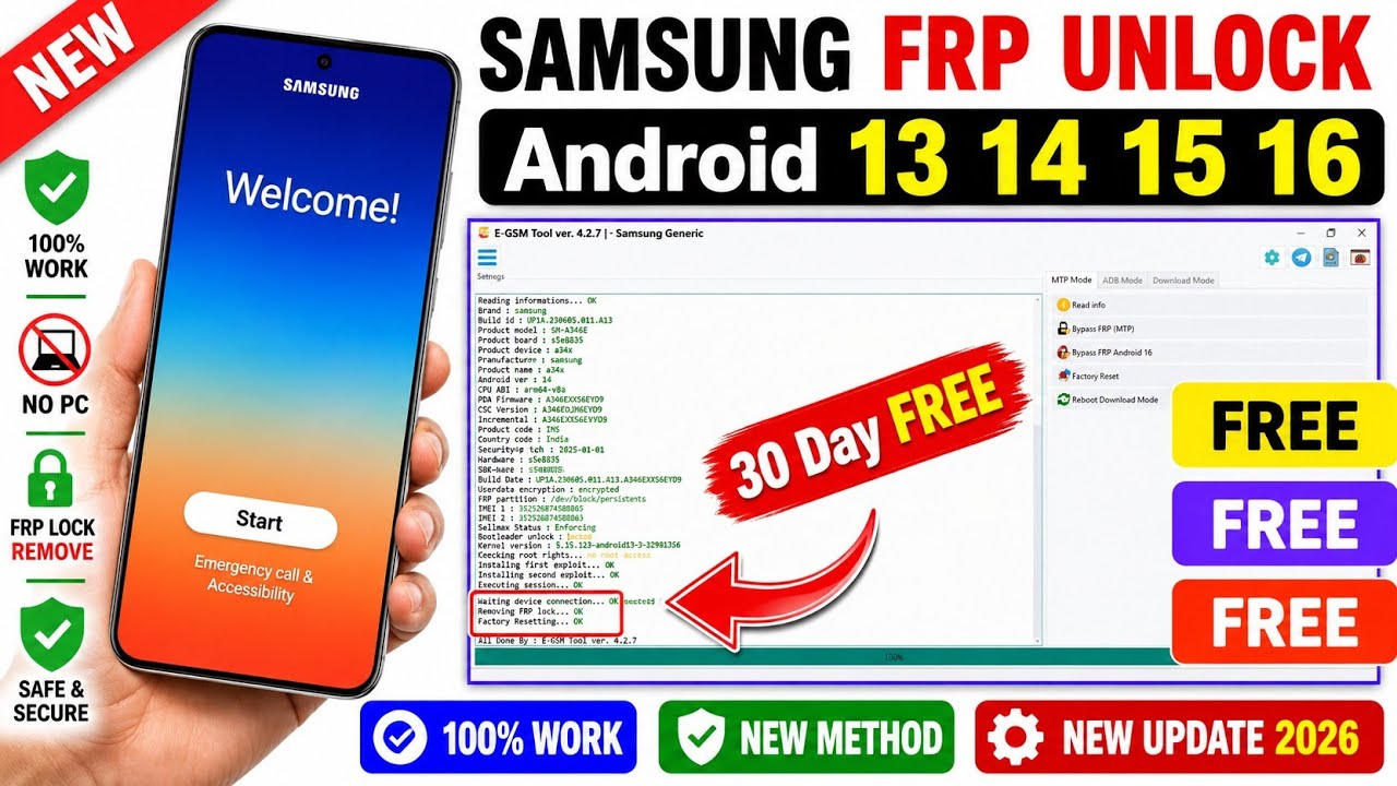 30 Day FREE FRP BYPASS ANDROID 15/ 16/17 | ALL SAMSUNG FRP UNLOCK FREE METHOD | ALL CPU 🔓 FREE TOOL 