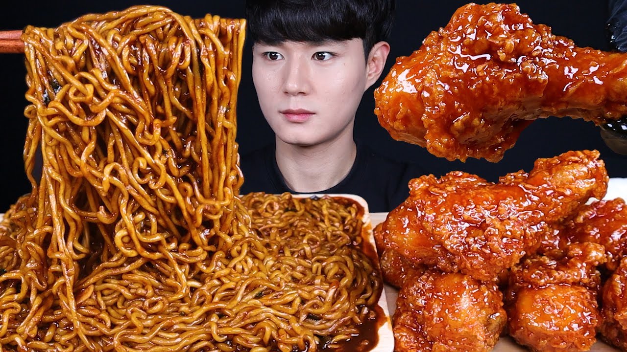 짜파구리 양념 치킨 먹방ASMR MUKBANG SPICY BLACK BEAN NOODLES & FRIED CHICKEN チキン チャジャンラーメン eating sounds