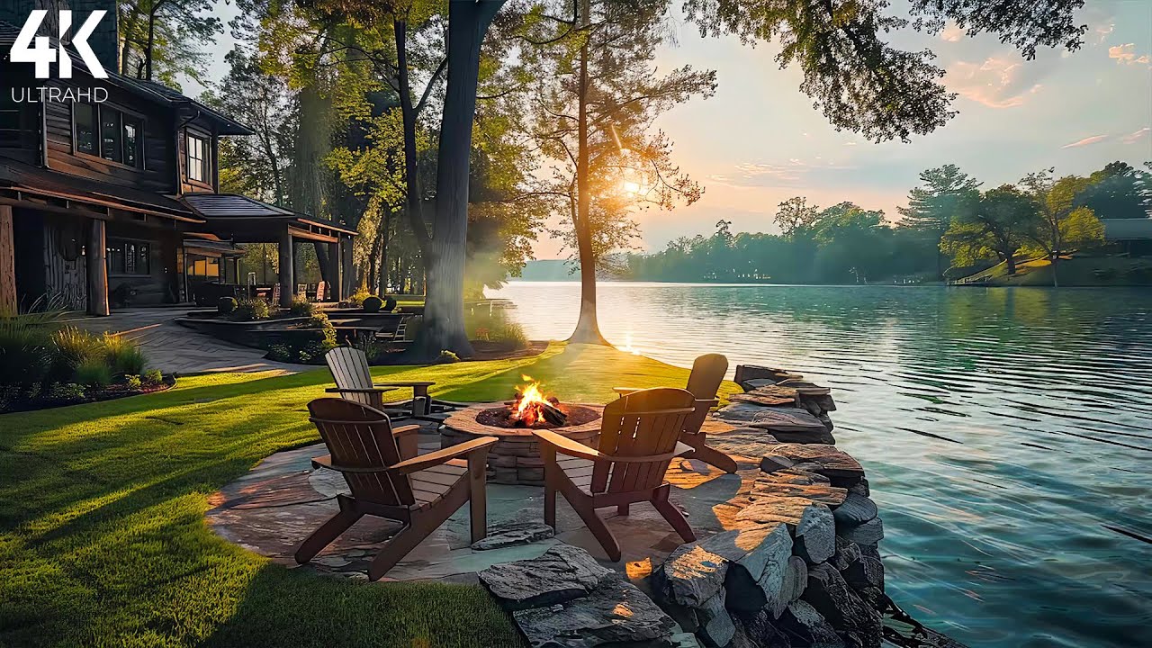 Morning Lakeside Ambience with Nature Sounds & Relaxing Campfire🔥4K -  Relax, Study & Stress Relief