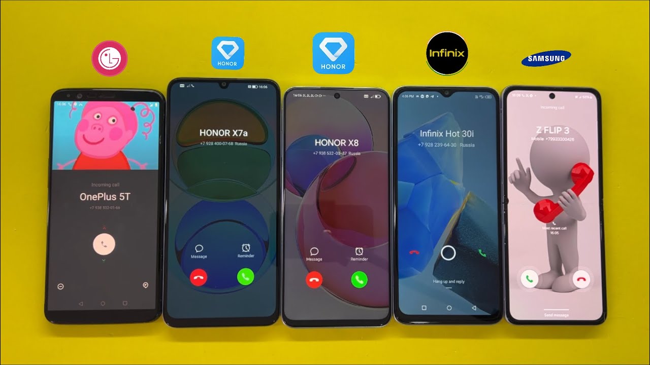 Madness Incoming call Samsung Galaxy Z Flip 3 + OnePlus 5T + Honor X7a + Honor X8a + Infinix H30i