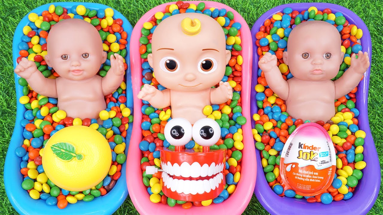 Full of 3 Rainbow BathTubs Candy with M&M's & Magic Slime Cutting Video