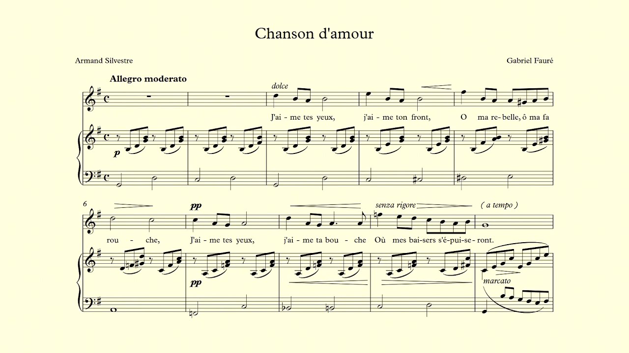 Chanson d'amour - Fauré - vocal line and accompaniment in G major