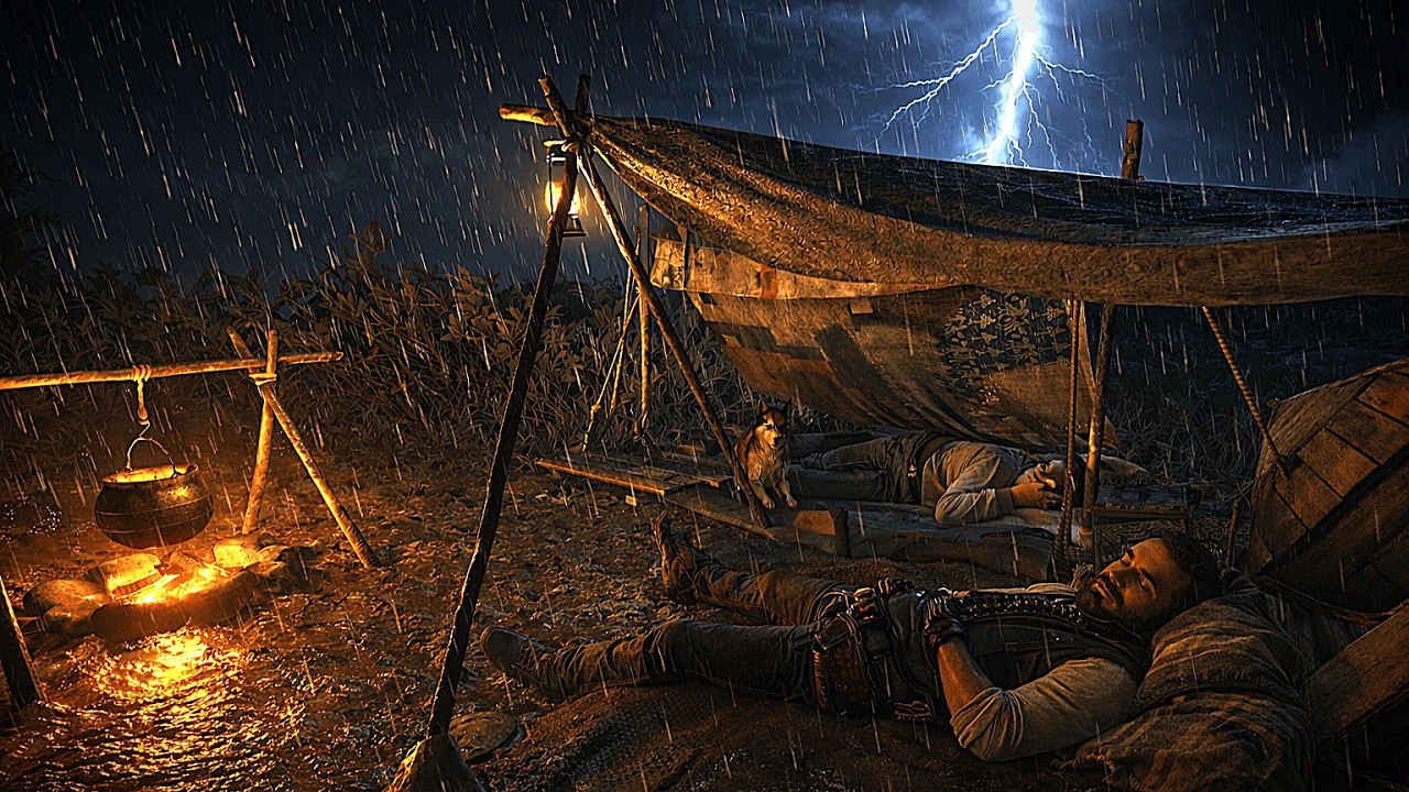 Camping Together By the River Side | John And His friend In a Cozy Tent During Night Storm|RDR2 ASMR
