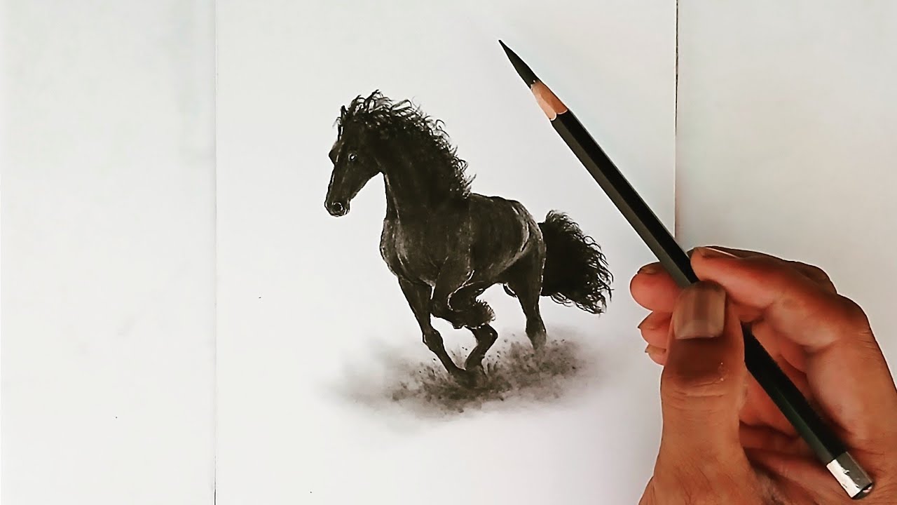 How to draw running black horse with pencil for beginners.