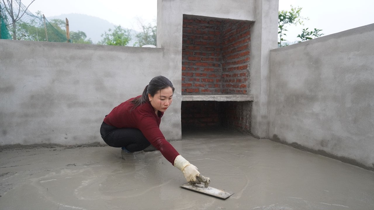 Build a 2 in 1 outdoor wood stove - Talented girl build kitchen and poured a concrete foundation