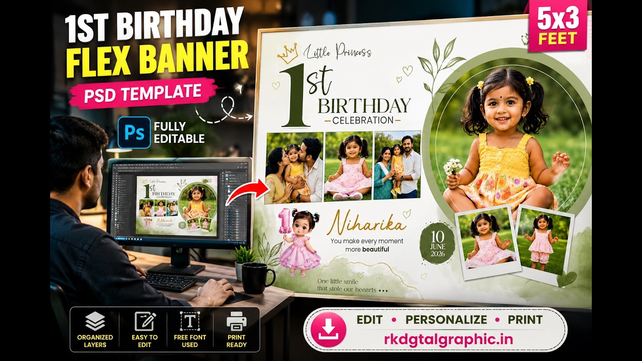 I Designed This Beautiful 1st Birthday Banner in Photoshop 🎂✨