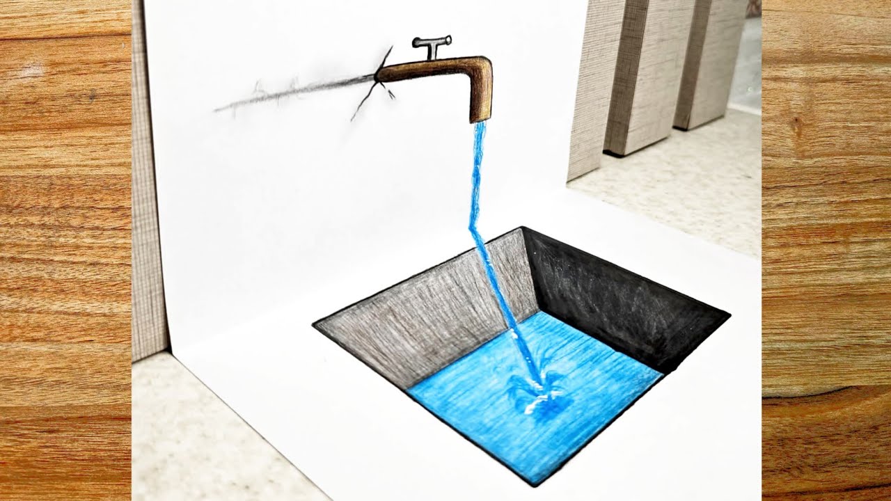 Creating 3D Designs of Faucet and Pond with Colored Pencils: Highlighting Details